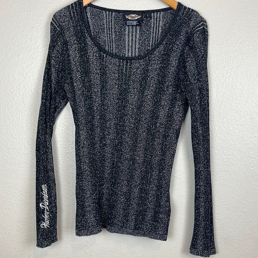 Harley Davidson Sweater Women’s Large Metallic Silver Black Ribbed Knit